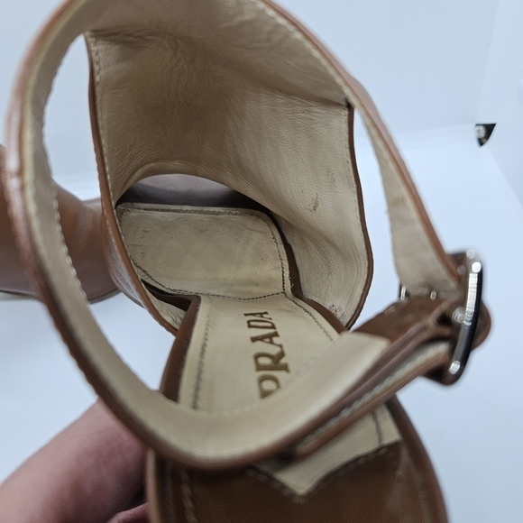 Prada brown leather peeptoe ankle wrap heel booties EU 38 - Picture 12 of 16